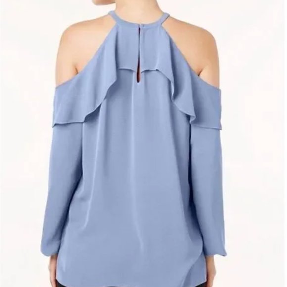 Michael Kors Blue Long Sleeve Ruffle Blouse Cold Shoulder - Picture 2 of 6